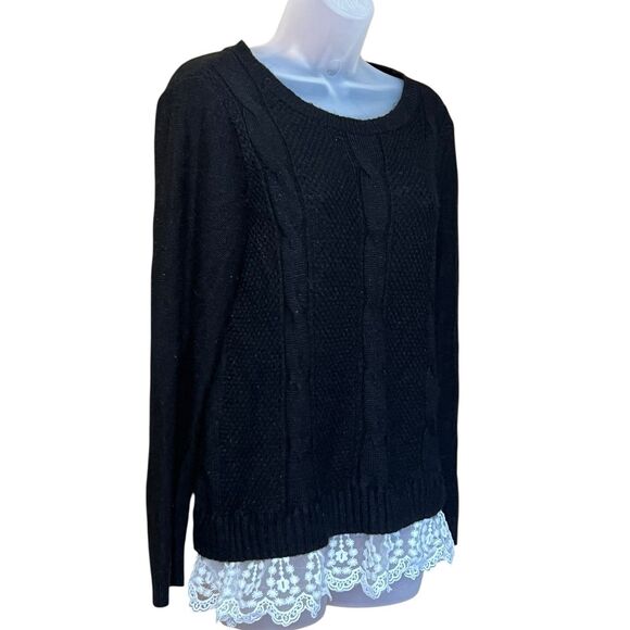ABStudio Black Cableknit Crewneck Sweater Lace Trim Sz S Whimsigoth Twee - Picture 9 of 12
